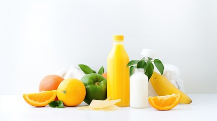  a white table topped with oranges and a bottle of milk.  generative ai