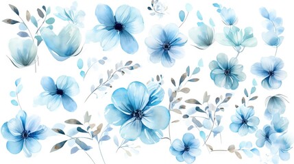  a bunch of blue flowers with leaves on a white background.  generative ai