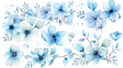  a set of blue and white flowers on a white background.  generative ai