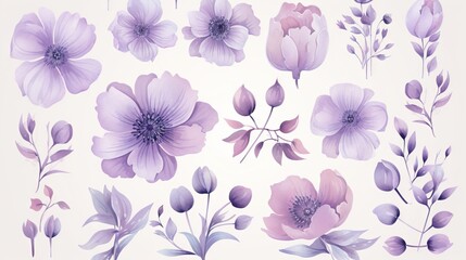 Fototapeta na wymiar a bunch of flowers that are on a white background with purple leaves. generative ai