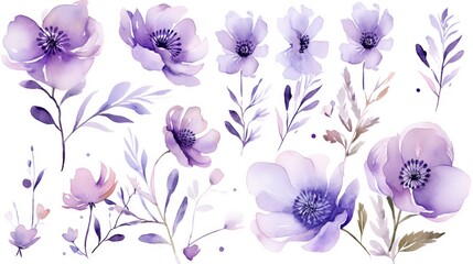  a set of watercolor flowers and leaves on a white background.  generative ai