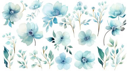 Fototapeta na wymiar a set of blue flowers and leaves on a white background. generative ai