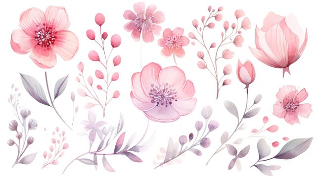 a bunch of flowers that are on a white background with pink and grey leaves. generative ai © Shanti