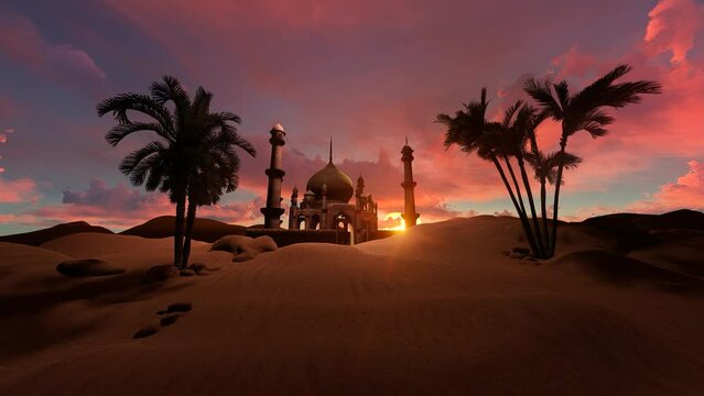 Temple in the desert at sunset among the sand and palm trees