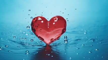  a red heart shaped object floating in water with drops of water around it.  generative ai