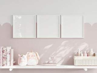 Frame mockup in cozy kids room interior, girl room poster mockup, 3d render
