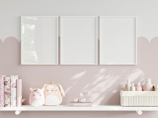 Frame mockup in cozy kids room interior, girl room poster mockup, 3d render