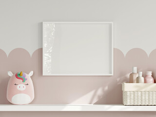 Frame mockup in cozy kids room interior, girl room poster mockup, 3d render