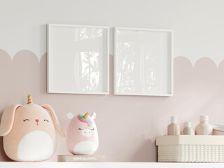 Fototapeta na wymiar Frame mockup in cozy kids room interior, girl room poster mockup, 3d render