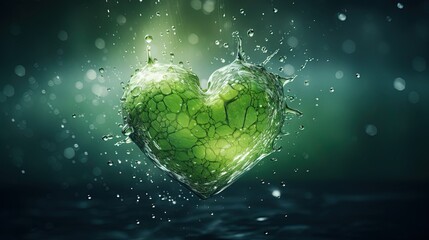  a green heart shaped object floating in the water with bubbles.  generative ai
