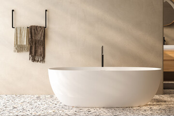 Stylish white bathtub on terrazzo floor with back faucet in bright bathroom, beige and white wall background. 3d Rendering