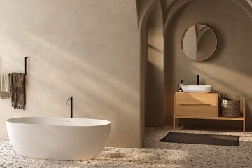 Fototapeta na wymiar Beige bathroom interior with wooden vanity, bathtub, terrazzo floor. 3d rendering