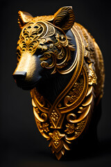 mighty bear looks into the camera half side view wood carving art dark wood with detailed texture generative ai