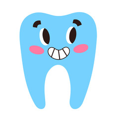 Cute tooth, smiley baby tooth with facial expression, smiling cartoon character, dental care illustration for children, flat vector icon isolated on white background