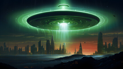 A retro sci-fi illustration of a flying saucer, Generative AI