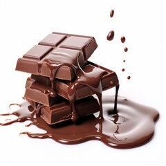 Melted chocolate pouring into a piece of chocolate bars isolated on white background