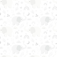 Cute baby elephants seamless pattern on white background. Grey colored design. Neutral tones