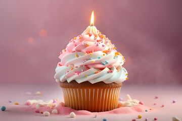Delicious cupcake with a lit candle