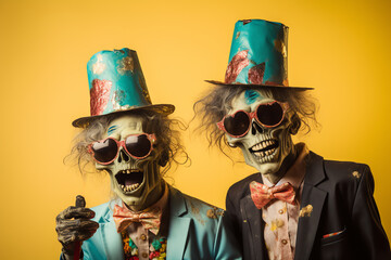 Zombie party on Halloween. Zombie monster wearing a party hat.  Generative AI