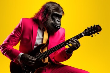 Chimpanzee rock musician playing guitar. Monkey playing electric guitar. Generative AI