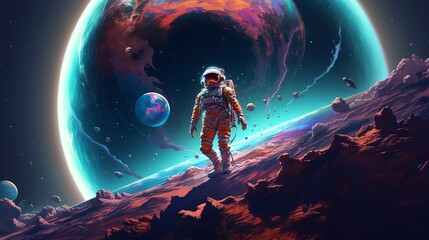Astronaut explores outer dark space. Generative AI - obrazy, fototapety, plakaty