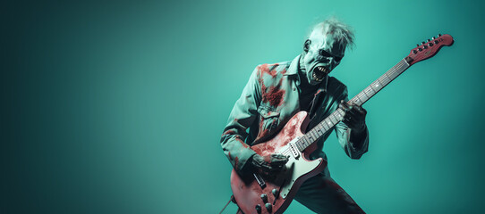 Zombie musician playing guitar. Zombie man holds an electric guitar. Rock Musician. Hard rock party. Halloween party. Generative AI