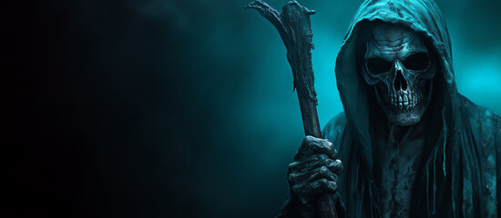 Obraz premium Death in black cloak. Death in black clothes with black hood. Halloween concept. Scary ghost. Generative AI