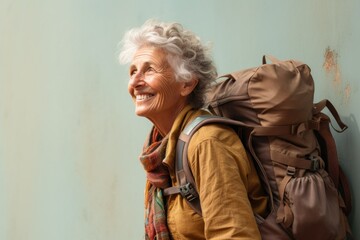 Fictional old woman traveling with a backpack. Isolated on a plain colored background. Generative AI.