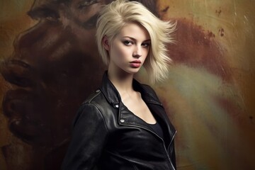 Fototapeta premium Beautiful fictional blonde rocker girl portrait with leather jacket. Generative AI.