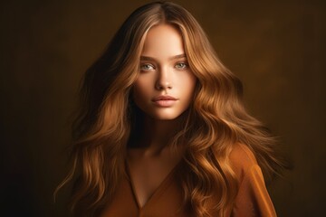 Fototapeta premium Portrait of a fictional beautiful brunette woman, isolated on a dark brown background. Generative AI.