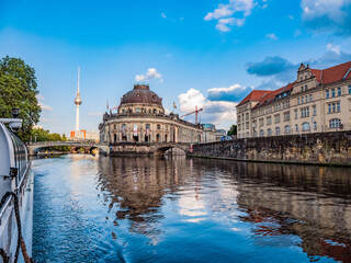 downtown Berlin, view from river Spree at sunset