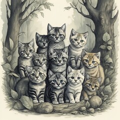 "Whiskered Woods Stacking: Cats in a Towering Tangle"