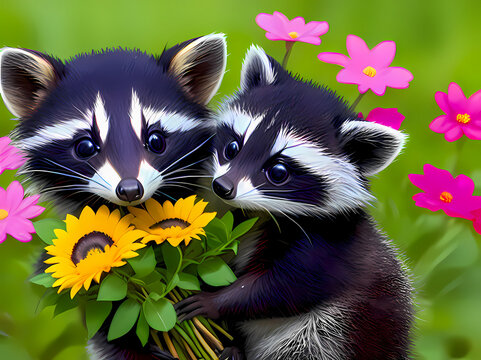 Adorable baby raccoons with flowers. Sweet Thank You, Congratulation, Cheer Up, Feel Better greeting card. AI-generated digital illustration.