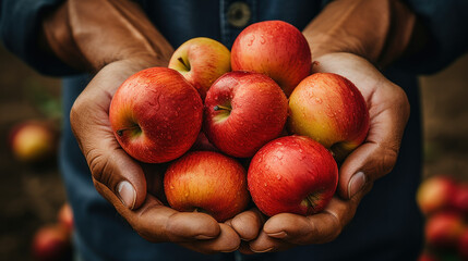 Apples in the farmer's hands. Harvest concept created with generative AI technology