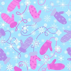 Winter gloves seamless Christmas mittens with snowflakes pattern for wrapping paper and fabrics and linens