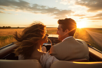 A couple in love riding in an open-top car at sunset. Man and woman, back view, traveling in a vintage car. Creative concept of a romantic tour for two. - Powered by Adobe