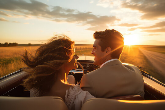 Fototapeta A couple in love riding in an open-top car at sunset. Man and woman, back view, traveling in a vintage car. Creative concept of a romantic tour for two.