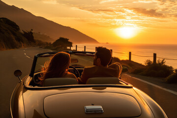 Fototapeta na wymiar A couple in love riding in an open-top car at sunset. Man and woman, back view, traveling in a vintage car. Creative concept of a romantic tour for two.