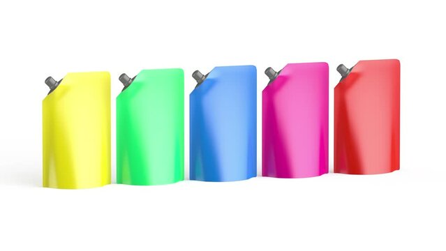 Row with five stand-up pouches with different colors