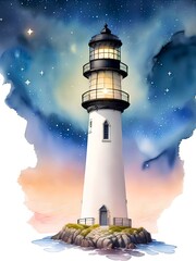lighthouse standing proud on starry night sky in watercolor style