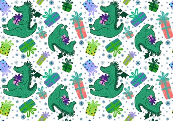 New year dragon seamless cartoon Christmas dinosaur pattern for wrapping paper and kids clothes print
