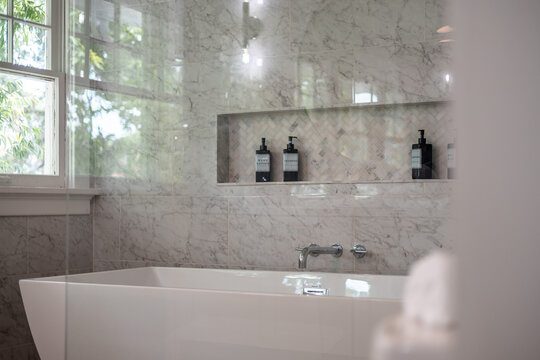 shower in the bathroom with a freestanding bathtub