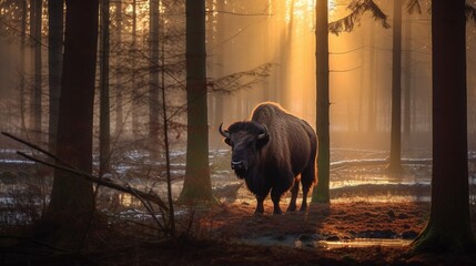 Golden Dawn in the Wilderness: A High-Resolution, Detailed Capture of a Majestic Bison Herd Grazing in the Polish Forest, Illuminated by the Warm Hues of Sunrise, Amidst of the Misty Woods