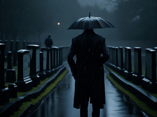 man with an umbrella under the rain in a cemetery