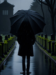 man with an umbrella under the rain in a cemetery