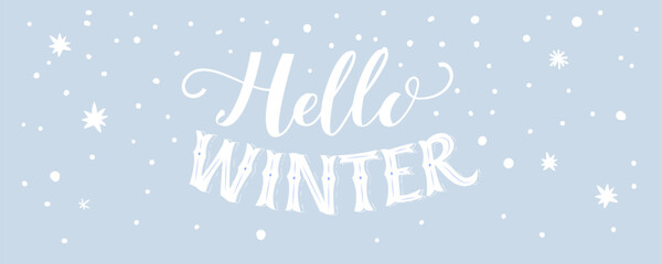 Hello winter banner in vintage. Handwritten art background. style. Typography cover design, blue snowy scene, vector illustration