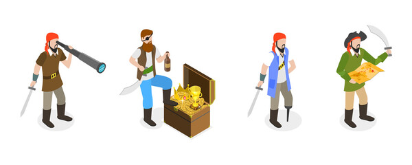 3D Isometric Flat  Set of Marine Pirates