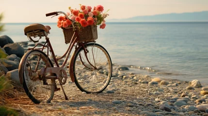 Foto auf Acrylglas Fahrrad Bicycle with flowers at the beach