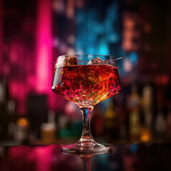 Single dark red-brown cocktail on the rocks with dramatic urban dark pink and blue bar background 