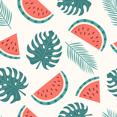 Seamless tropical pattern with watermelons, monstera